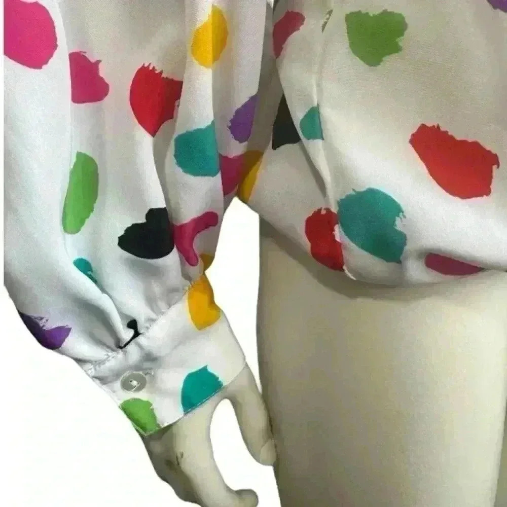 Vintage HELEN FABRIKANT NY Colorful Polka Dot Tie Front Blouse Button Up Small - Picture 5 of 11